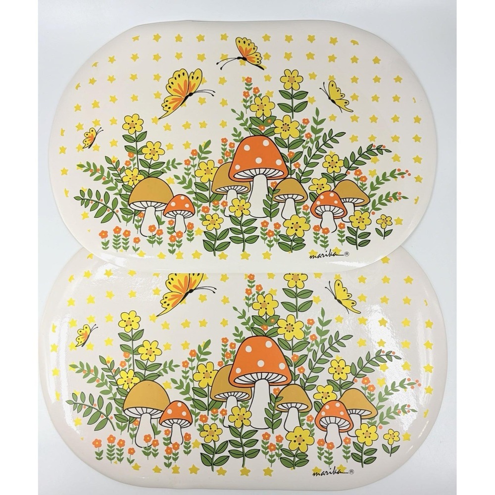Vintage Marika Vinyl Foam Placemats 2 Pc Mushroom Butterfly Orange Yellow 18x12